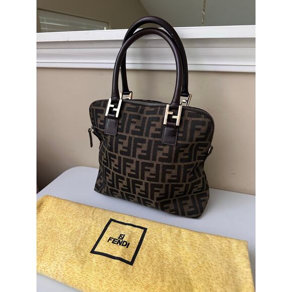 Vintage Fendi Zucca Monogram Canvas Satchel Top Handle Bag Brown Authentic - Picture 3 of 16